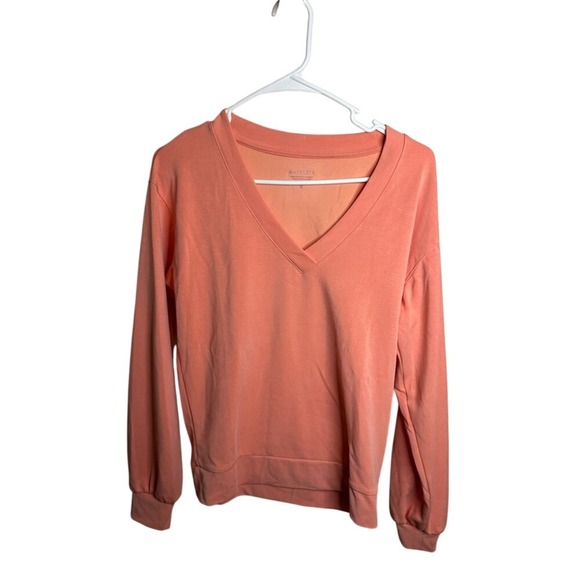 Athleta V Neck Sweatshirt XS Coral Pink‎ Long Sleeve Pullover Top - Picture 1 of 3